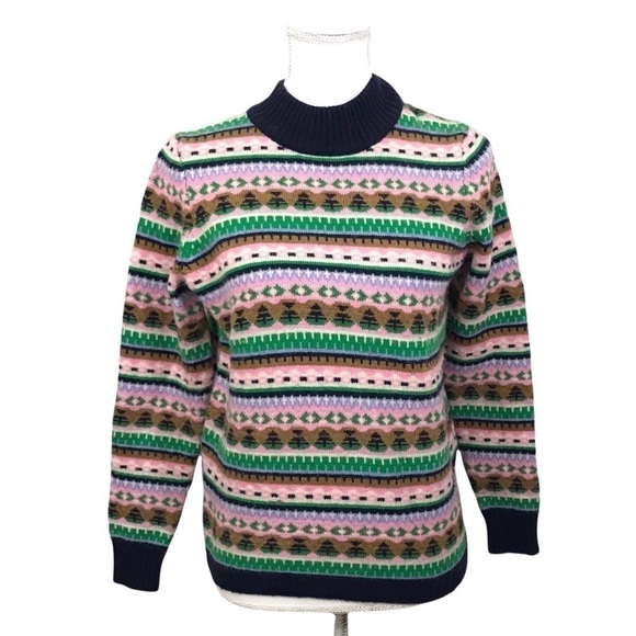J Crew Mock Neck Fair Isle Green Pink Navy Blue Knit Pullover Sweater Small. - Picture 1 of 10